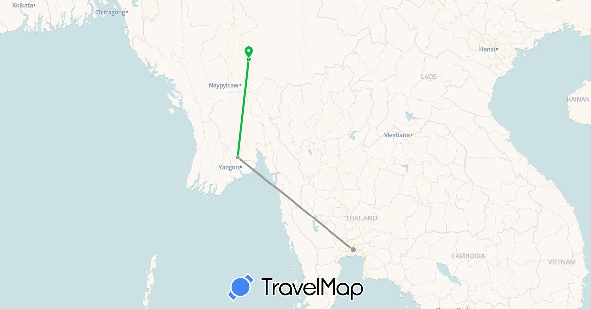 TravelMap itinerary: bus, plane in Myanmar (Burma), Thailand (Asia)